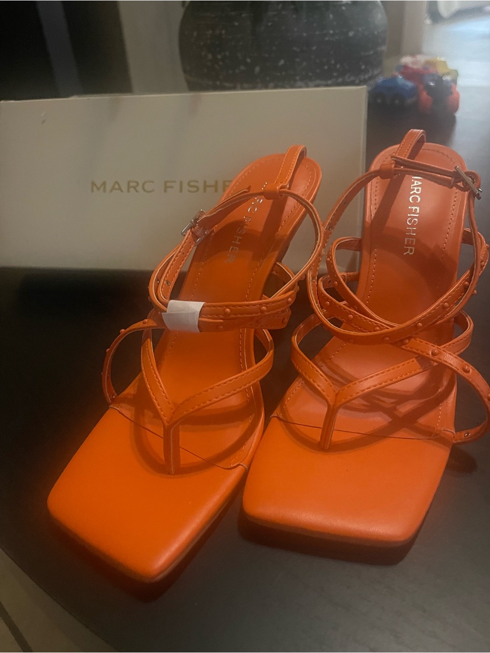 Marc Fisher Bright Orange Strappy Square-Toe Heels